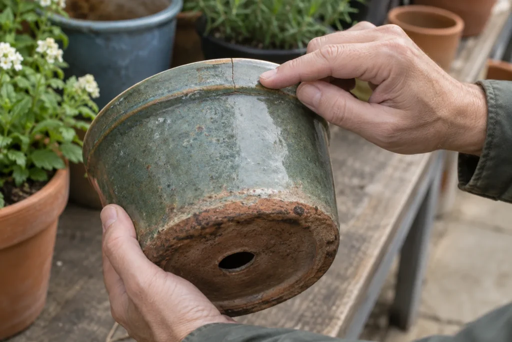 Checking a balcony pot for cracks and drainage before buying