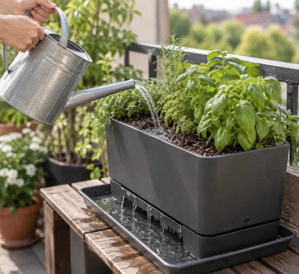 Flushing a self-watering balcony planter from the top to clear salt buildup