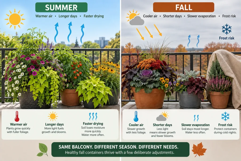 Side-by-side comparison of a balcony container in summer versus the same container refreshed for fall