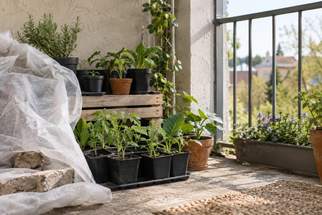 Seedlings hardening off outdoors before transplanting to balcony containers
