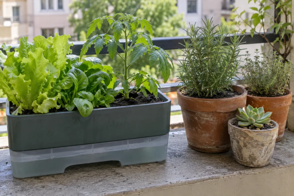 Comparing plants suited to a self-watering planter versus drought-adapted herbs