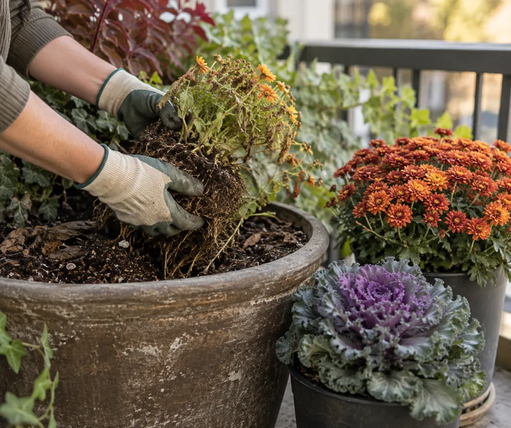 Removing spent summer plants and refreshing the potting mix in a balcony container for fall