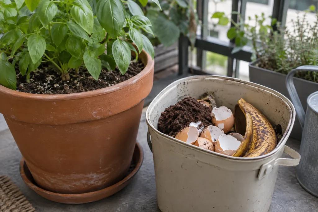 Coffee grounds, eggshells, and banana peels kept separate for composting