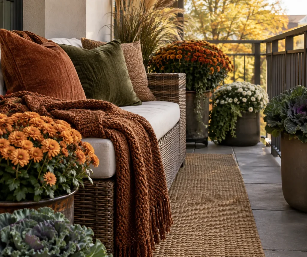 Balcony seating with rust and olive-toned cushions and a heavier flannel throw for fall