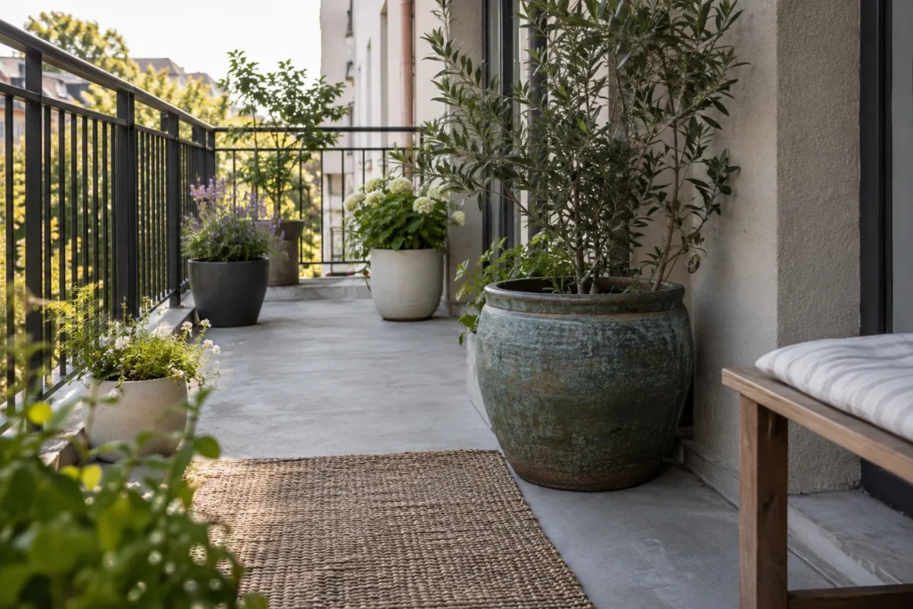 Heavy balcony planters grouped near the building wall for stability