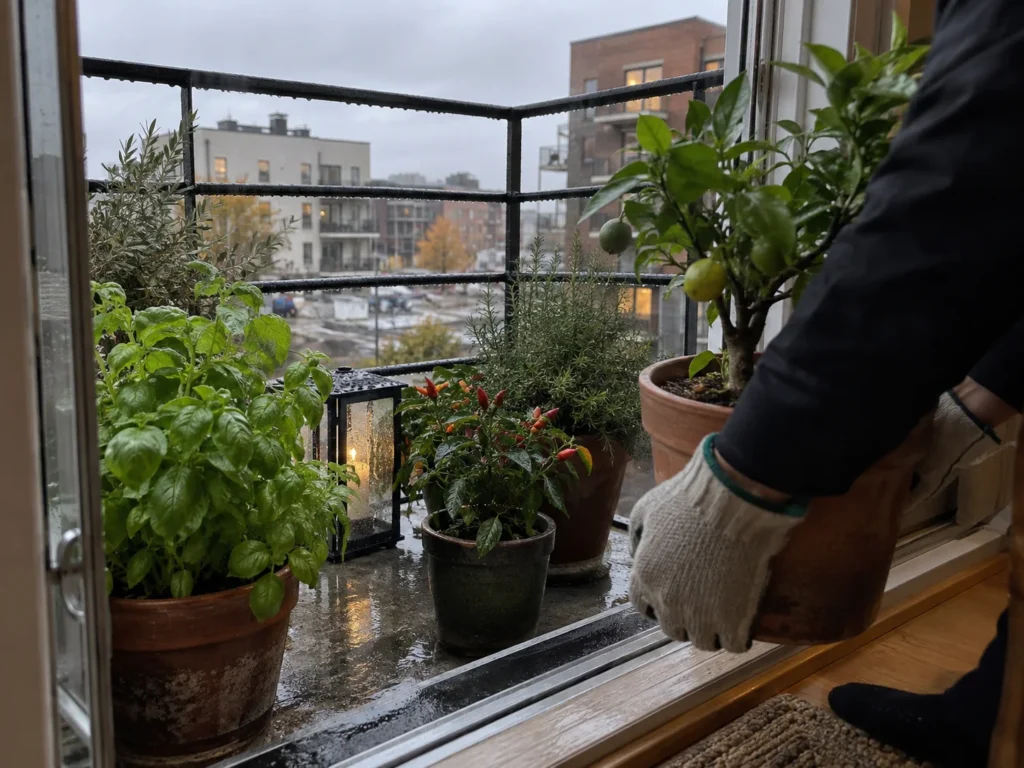 Gardener carrying a potted tender plant indoors from a rainy balcony before frost.