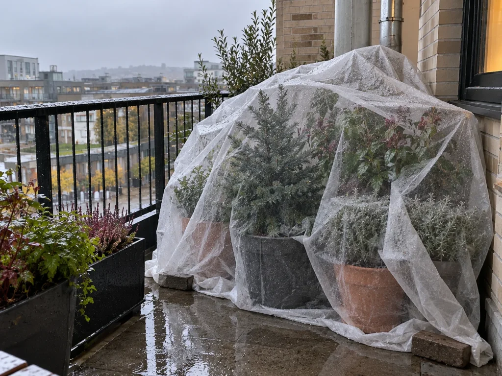 Grouped balcony containers covered with rain-speckled frost cloth and weighted down for extra winter protection.