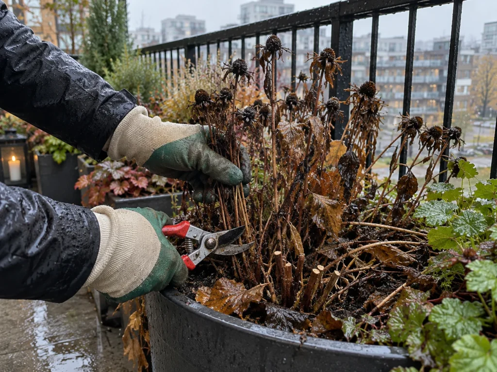 Gloved hands pruning dead perennial stems in a wet balcony planter after dieback.
