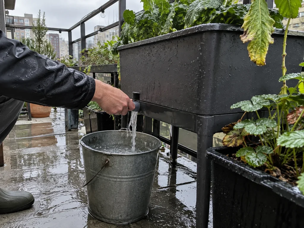 Water draining from a self-watering balcony planter into a bucket on a rainy day.