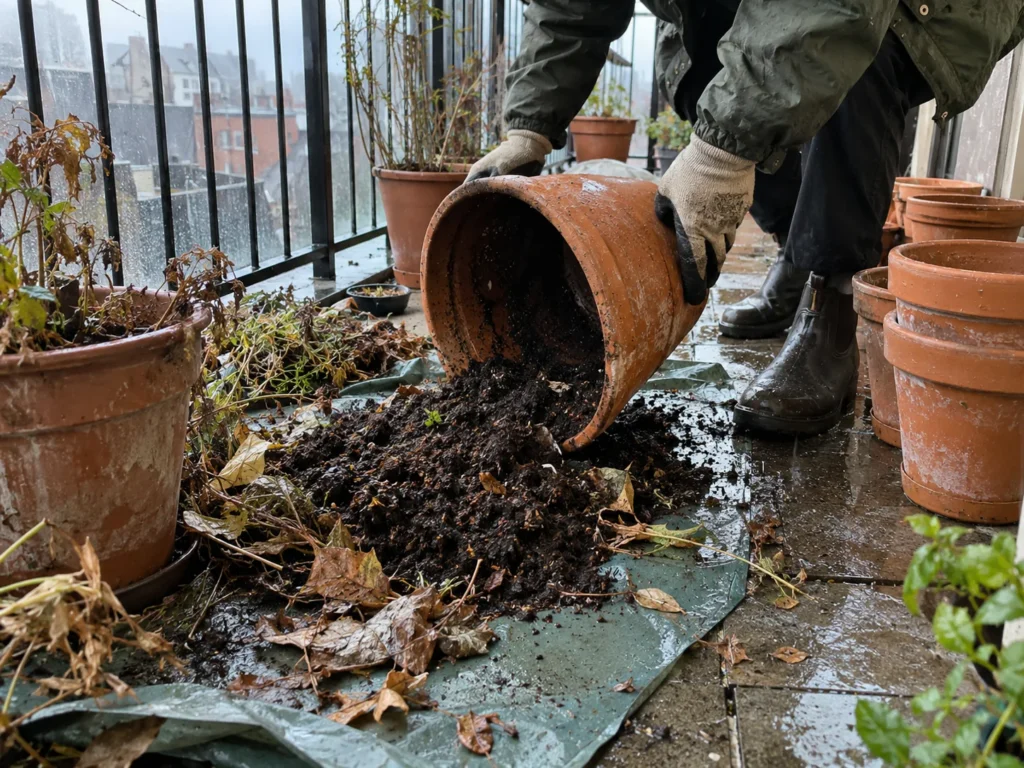 Wet terracotta pot being emptied on a rainy balcony so it can be stored before freezing weather.
