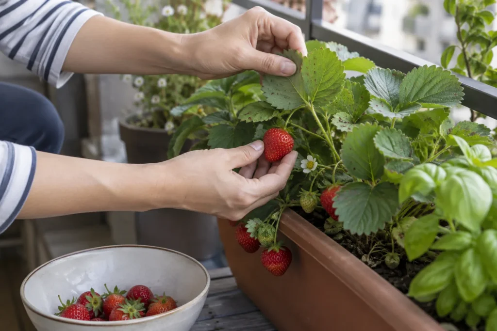Harvesting the first strawberries from a balcony container