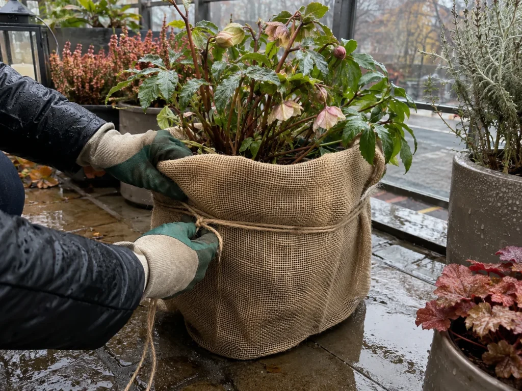 Hands tying burlap around a hardy potted plant on a wet balcony for winter insulation.