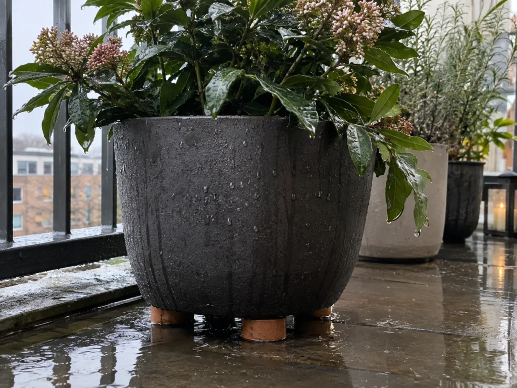 Large rain-soaked balcony planter raised on pot feet to keep it out of standing water.