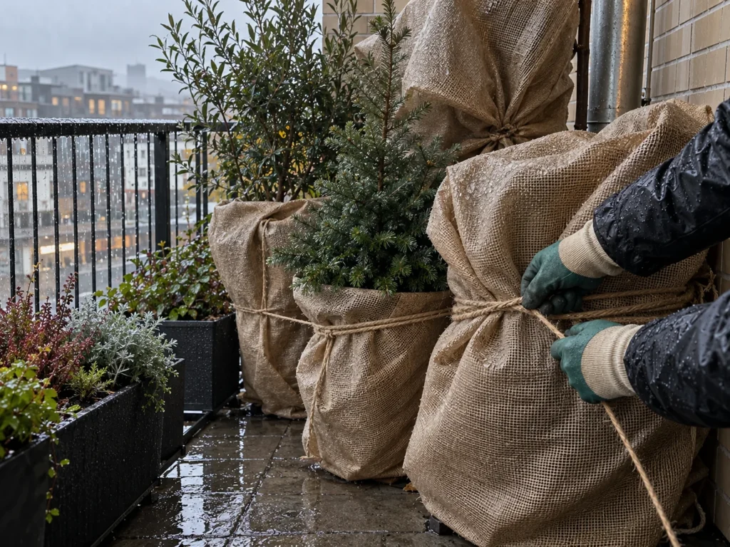 Gloved hands tightening rope around burlap-wrapped balcony plants to secure winter protection against wind and rain.