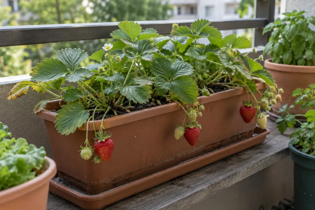 Strawberry plants spaced in a shallow trough-style balcony planter