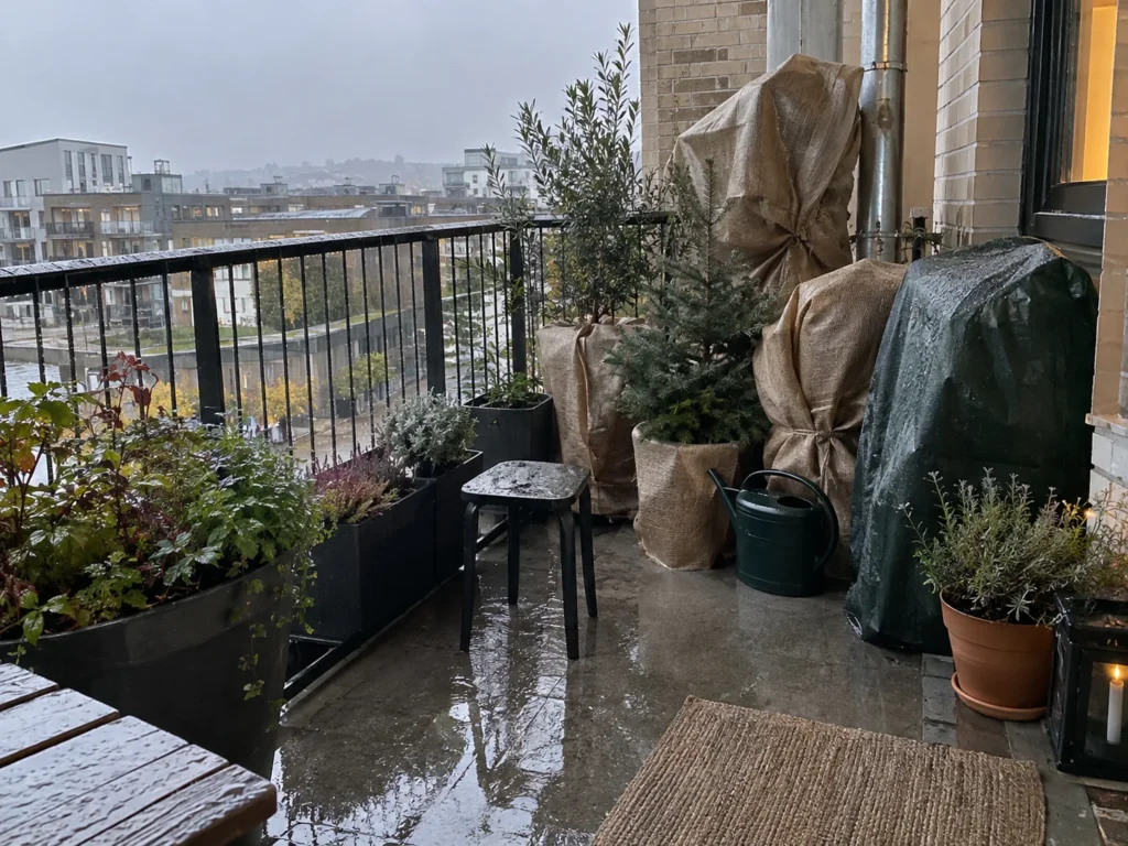 Rainy urban balcony garden prepared for winter with grouped planters, burlap-wrapped containers, and covered plants.