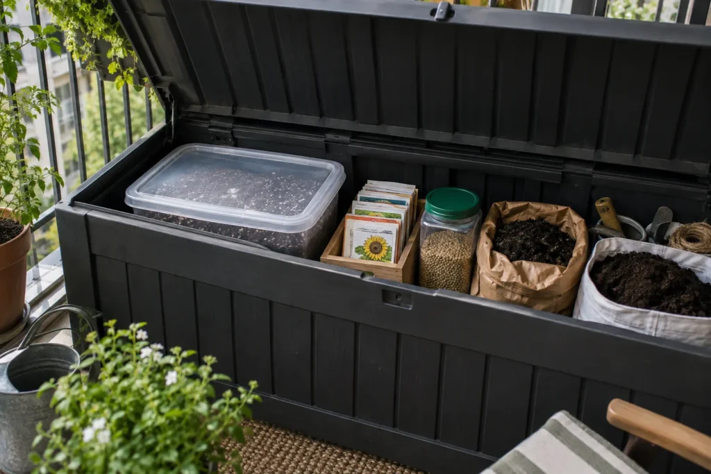 Storage bench on a balcony doubling as seating and hiding sealed containers of potting soil and supplies