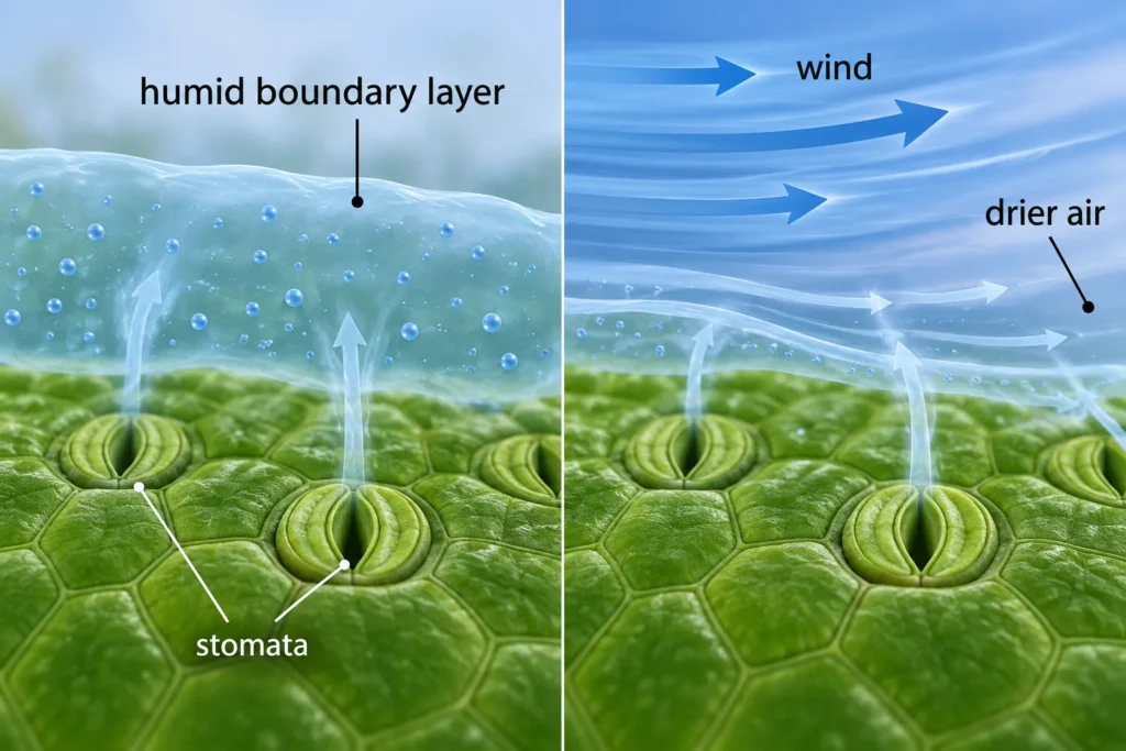Diagram of the thin, humid boundary layer of still air surrounding a leaf surface