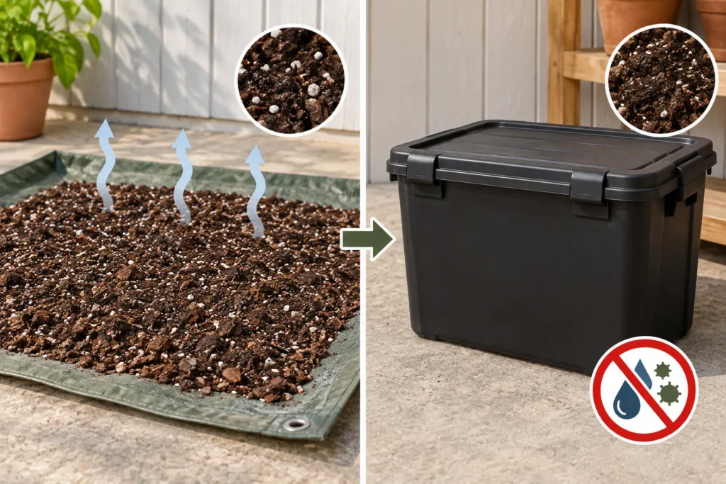 Comparison of dry, properly stored potting mix next to damp mix that isn't ready for airtight storage