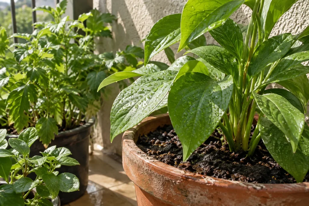 Wet leaves and moist soil showing evapotranspiration cooling a balcony