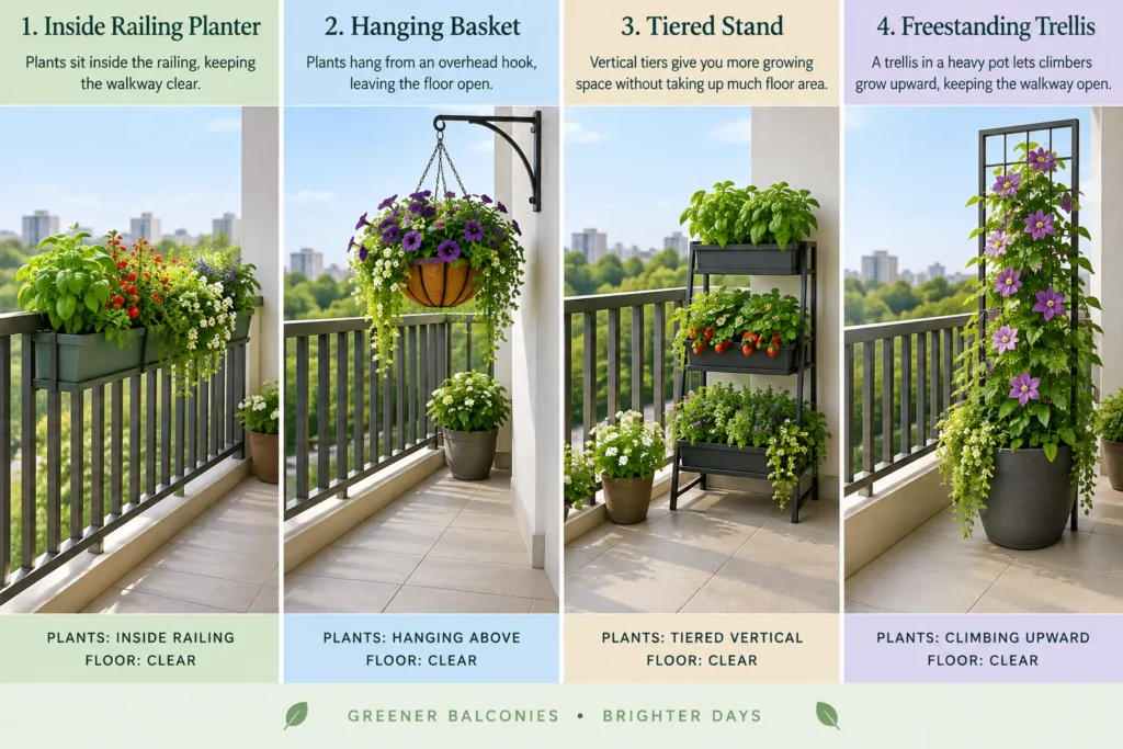 Four vertical gardening methods for a balcony: railing planters, hanging baskets, a tiered plant stand, and a wall-mounted trellis