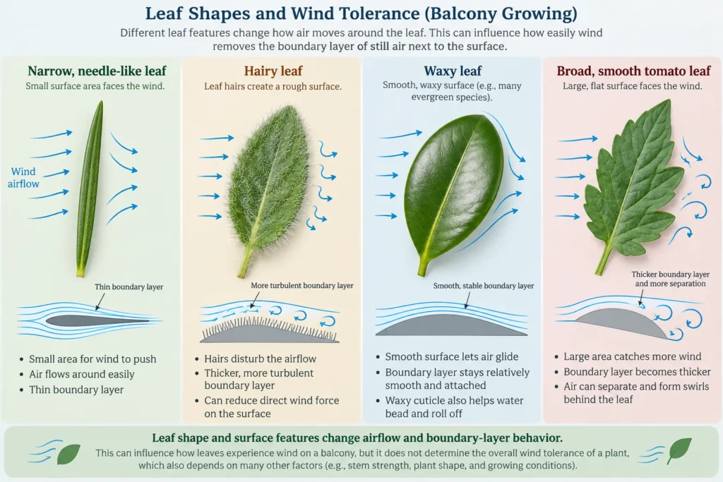Comparison of narrow, hairy, waxy, and broad leaf shapes and their differing wind tolerance