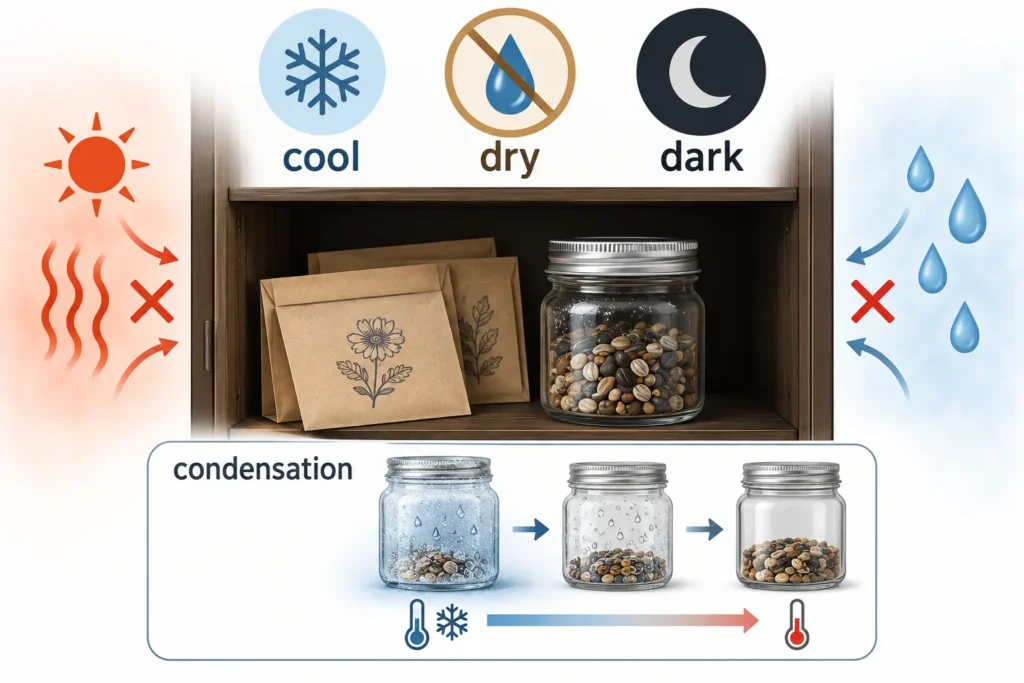 Labeled seed envelopes stored in a sealed jar in a cool, dark spot