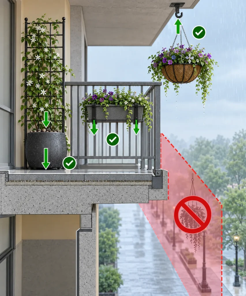 Weight and safety checklist for vertical balcony planters, showing secure railing hardware and a clear walkway below