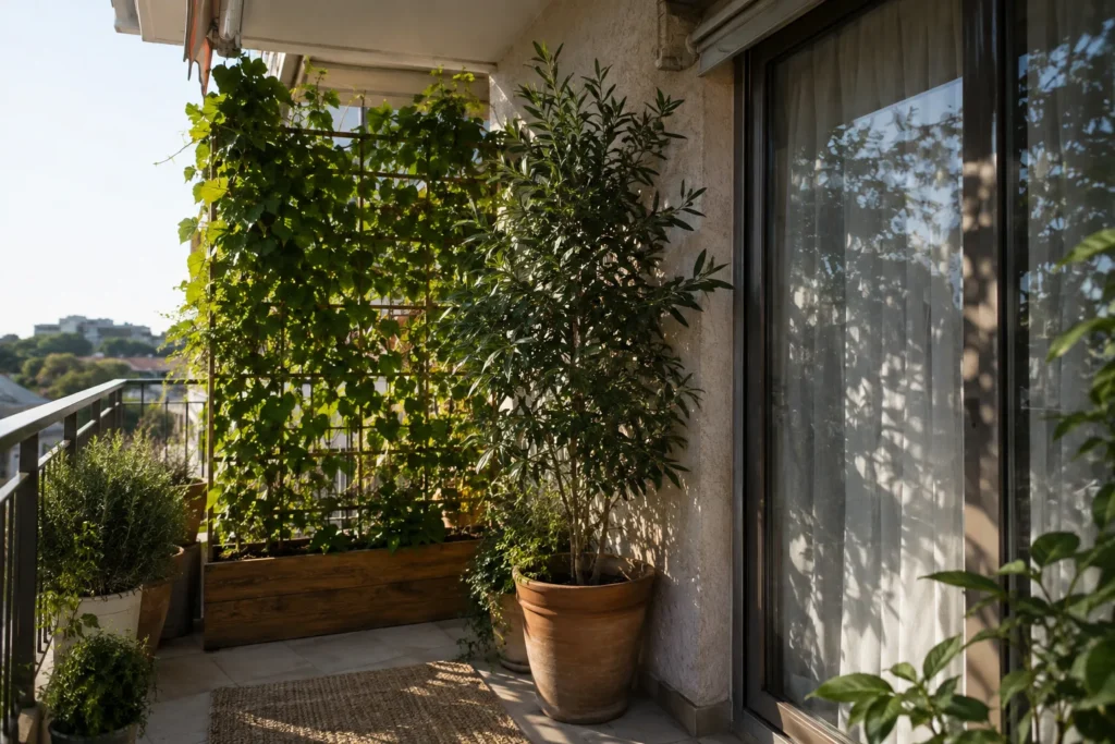 Balcony plants shading a west-facing window from direct sun