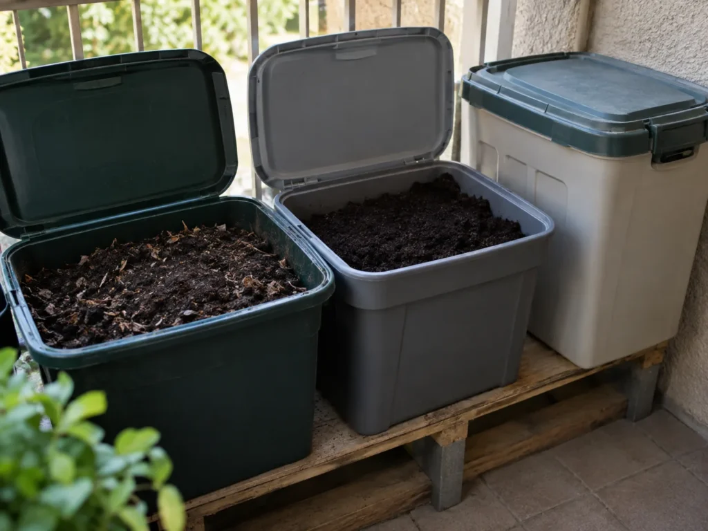 Sealed, opaque containers for storing finished compost and worm castings, protected from light and rain