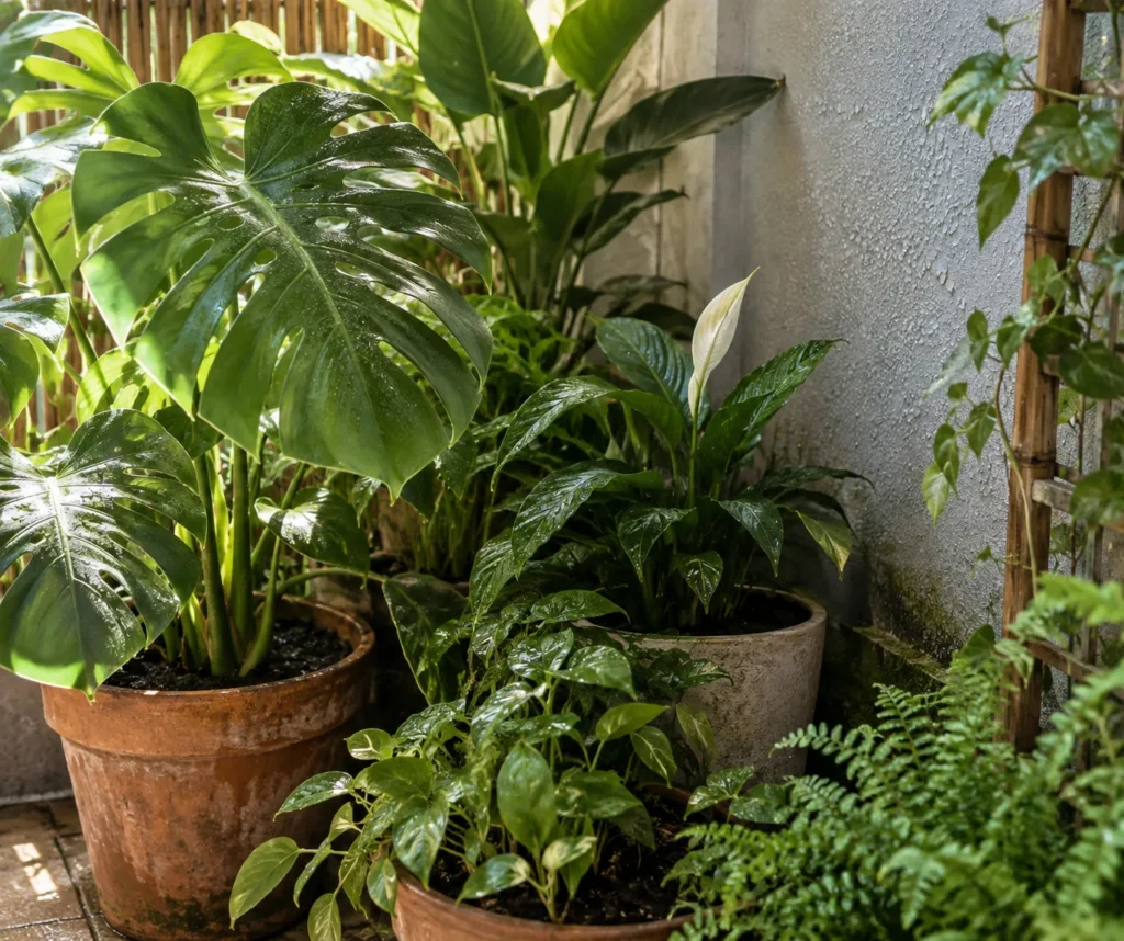 Dense, still balcony planting corner where humidity can build up