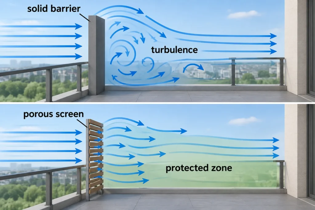 Diagram comparing airflow around a solid wall versus a porous windbreak screen