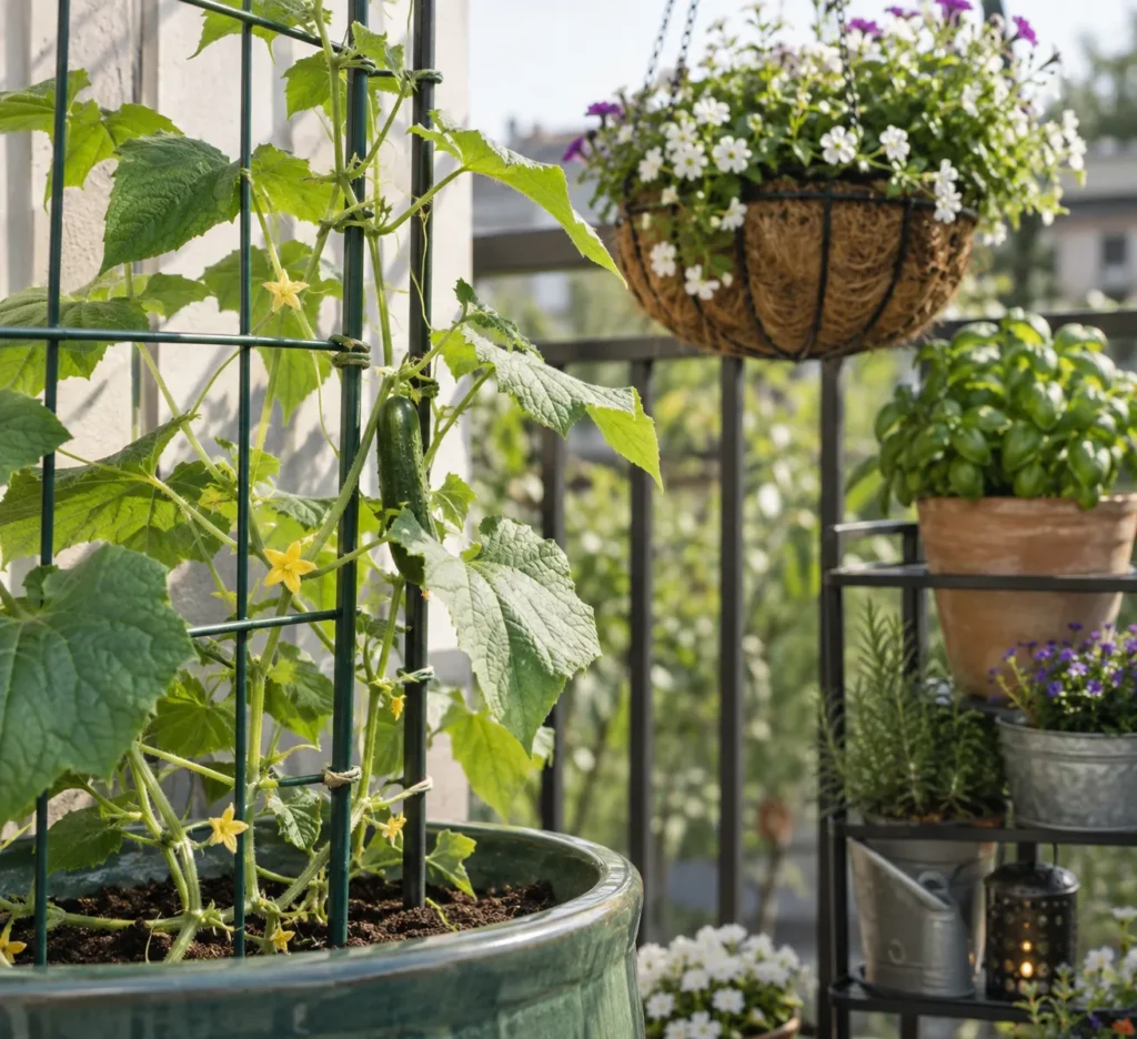 Training a climbing vine onto a trellis by gently weaving the young stem through the mesh