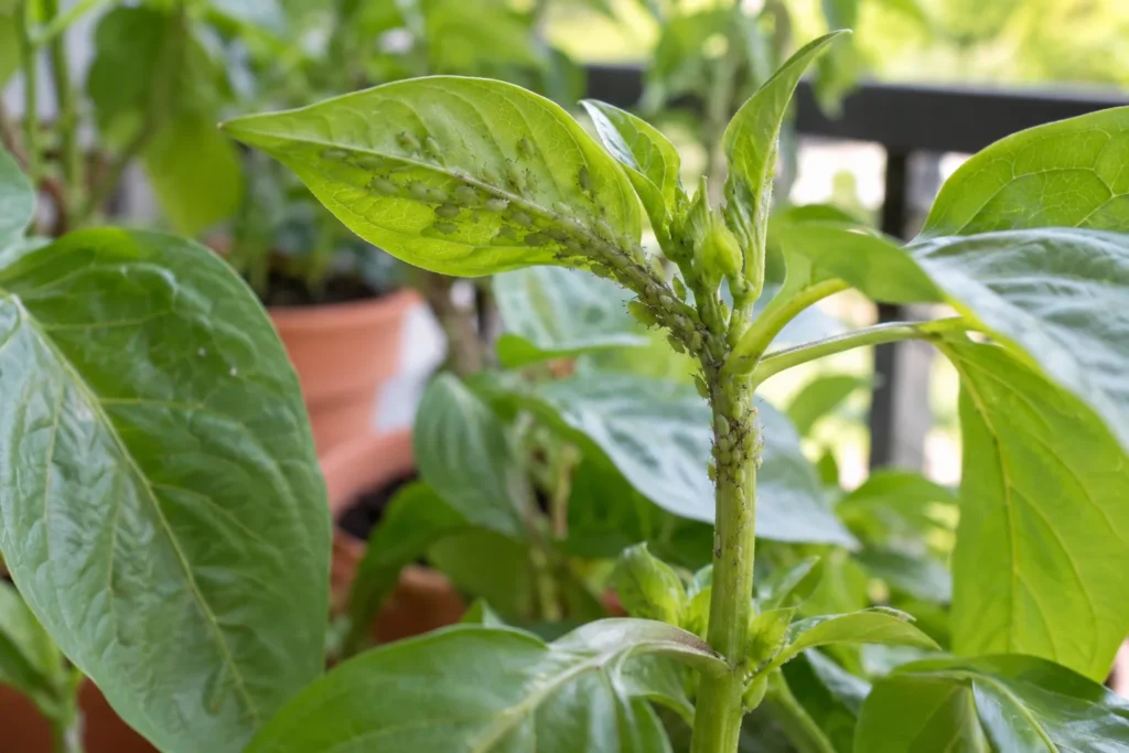 Close-up of aphids clustered on the underside of a balcony plant leaf