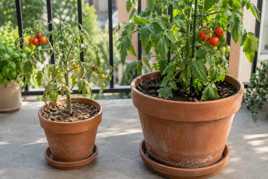 Two balcony containers of different sizes, illustrating how pot volume affects watering needs