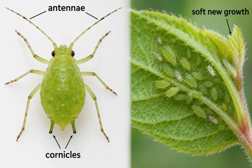 Identification view of pear-shaped aphids with cornicles clustered on soft new growth