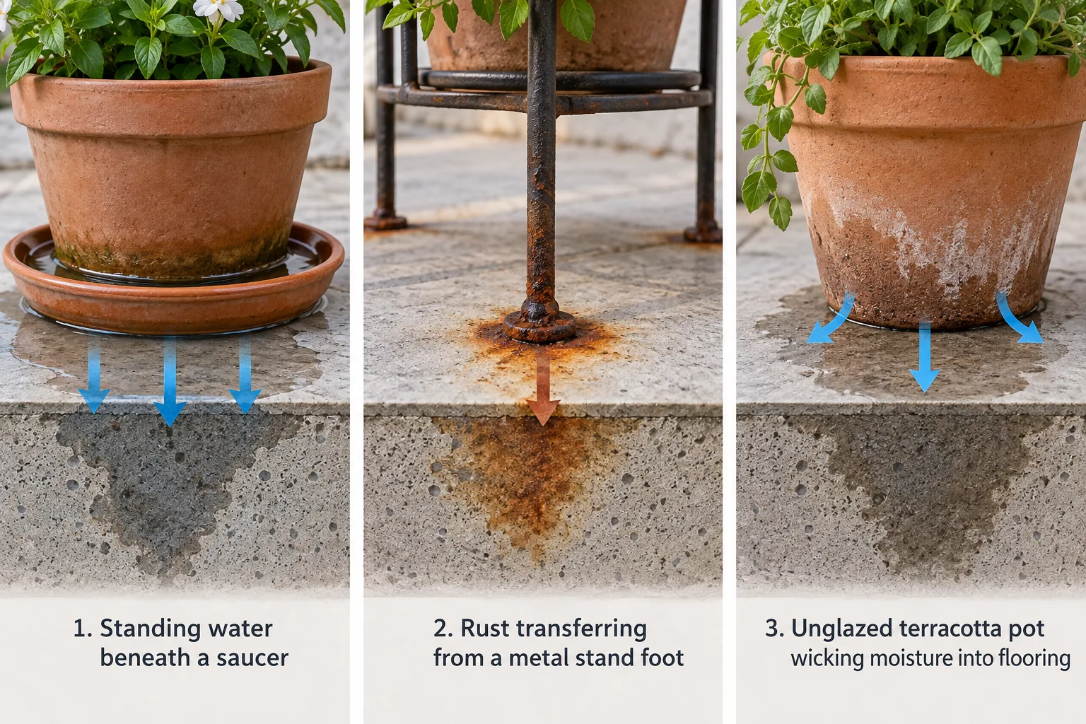 Three-panel diagram comparing standing water under a saucer, rust transferring from a metal stand, and terracotta wicking moisture into flooring