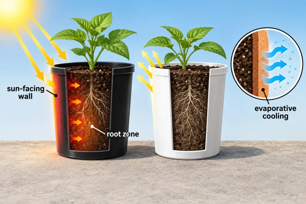 Cutaway diagram showing sun-facing container walls heating the root zone inside