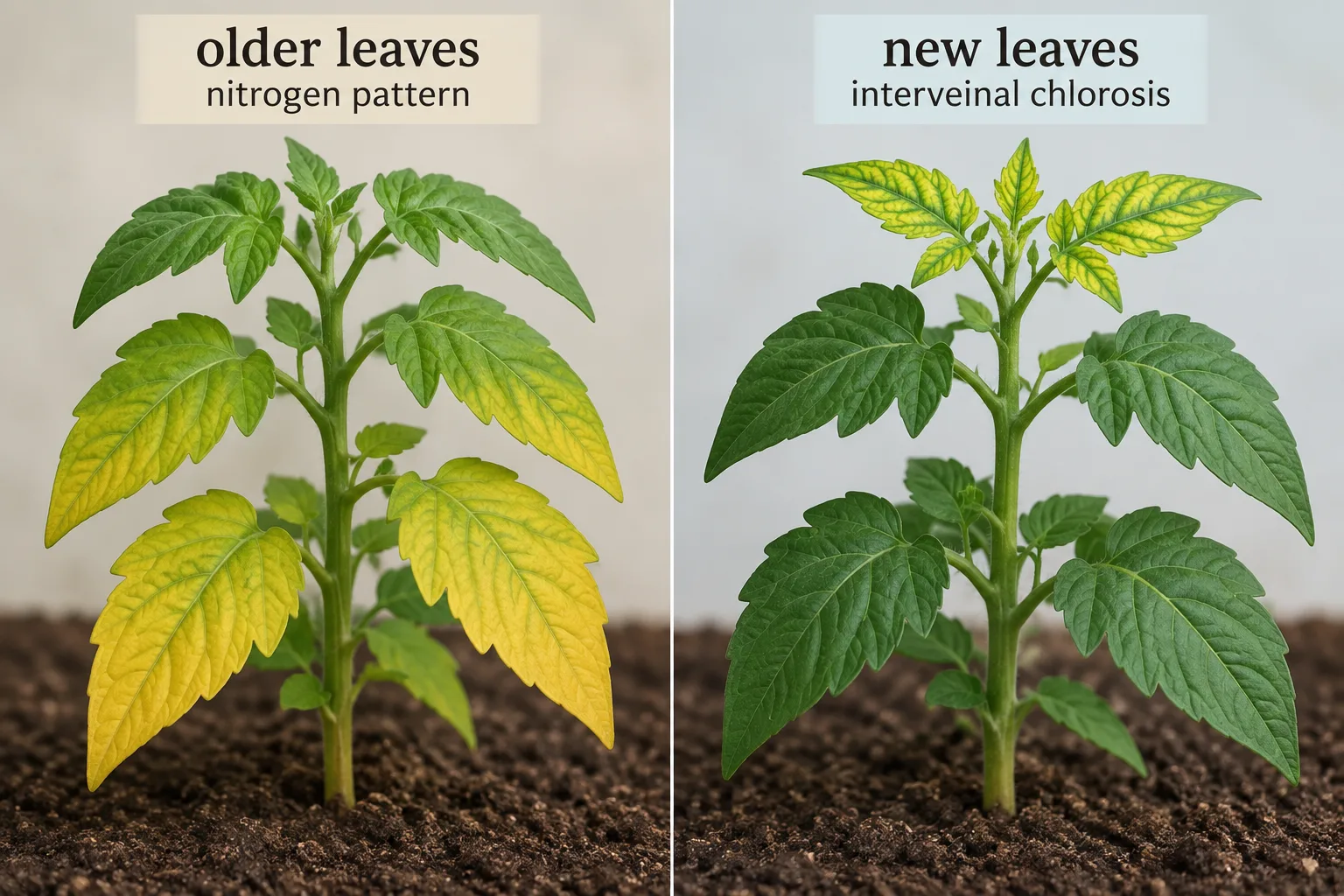 Diagram comparing a tomato seedling with yellowing older leaves against one with yellowing newer leaves