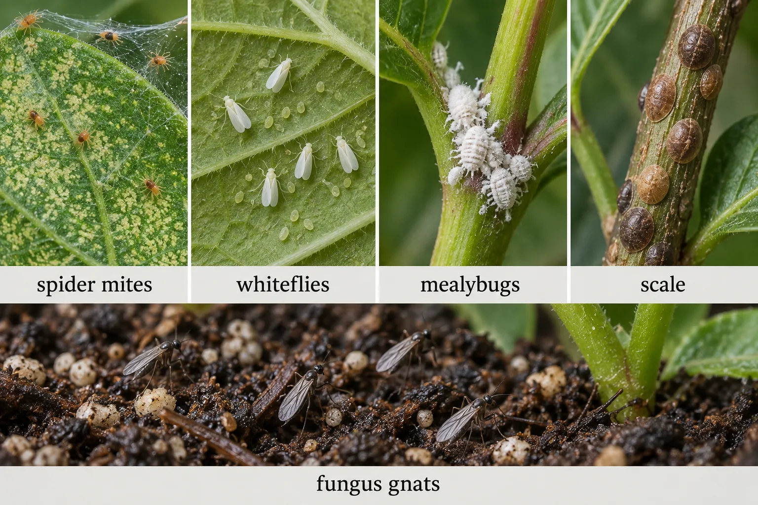 Side by side comparison of spider mites, whiteflies, mealybugs, scale, and fungus gnats on plant leaves and soil