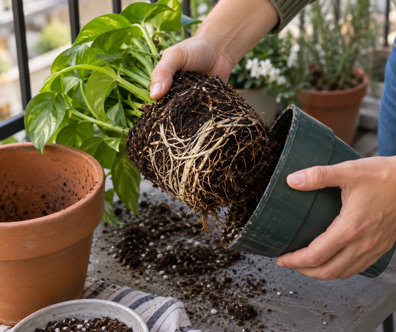 Sliding a root-bound plant out of its pot to inspect the root ball for signs of rot