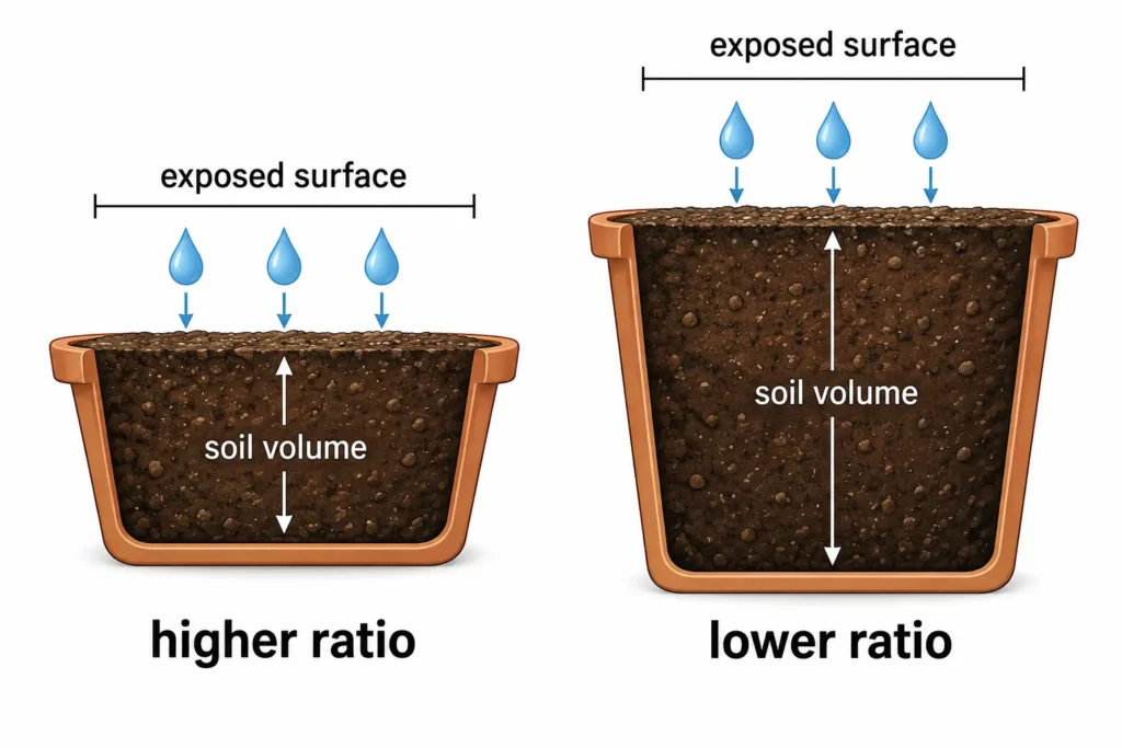 Diagram comparing the surface-area-to-volume ratio of a small pot versus a large pot
