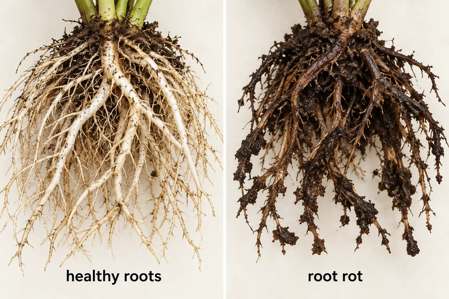 Side by side comparison of healthy white roots and dark, mushy rotted roots