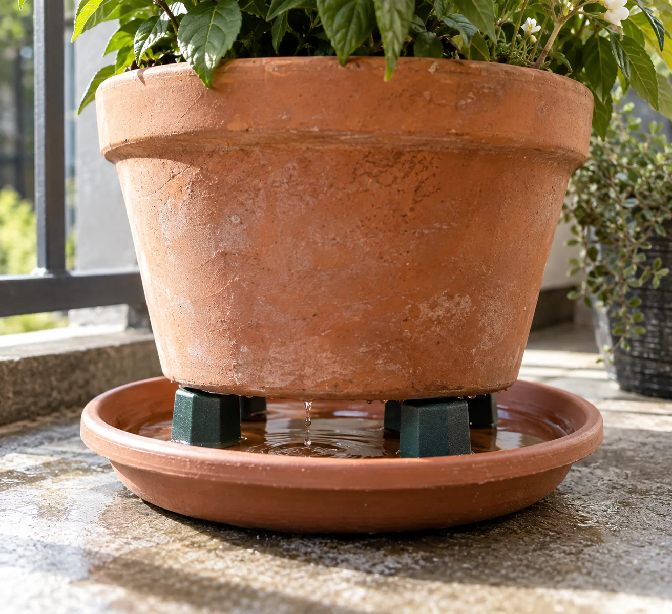 A terracotta pot lifted on small pot feet with a visible air gap above its saucer