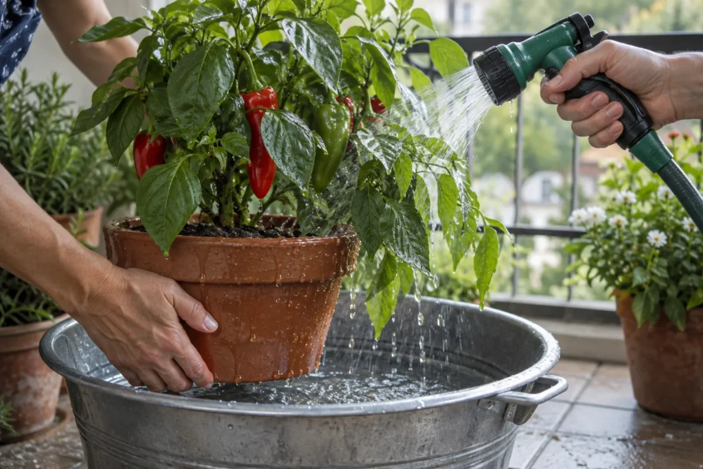 Rinsing aphids off a balcony plant with a directed stream of water over a basin