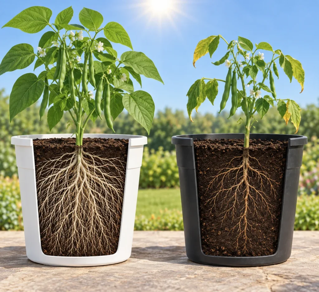 Comparison of plant growth in a white container versus a black container under the same conditions