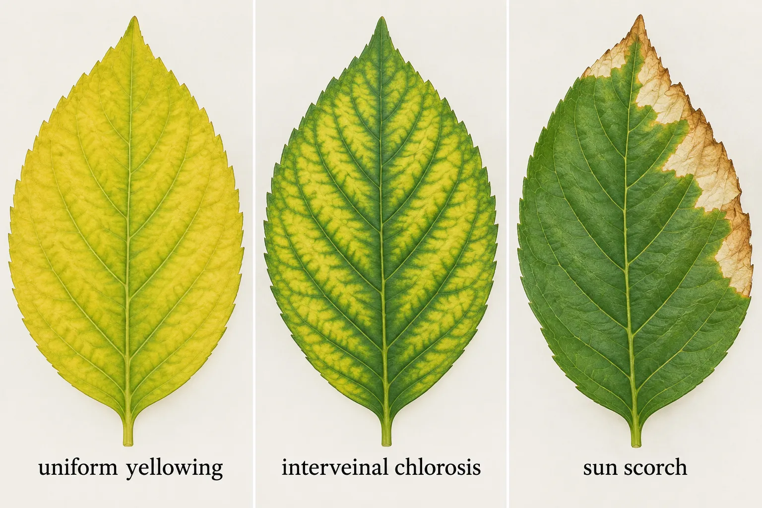 Three leaves side by side illustrating uniform yellowing, interveinal chlorosis, and sun scorch patterns