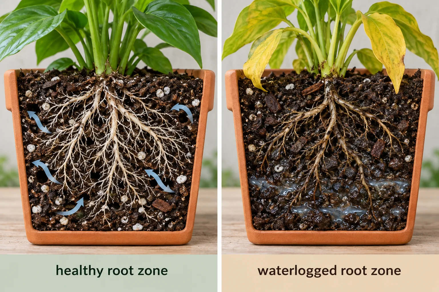 Cross-section comparison of a healthy aerated root zone and a waterlogged root zone with yellowing leaves