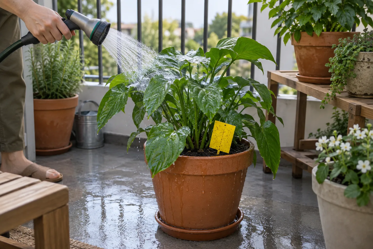 Watering a potted plant with a yellow sticky trap inserted in the soil to catch fungus gnats
