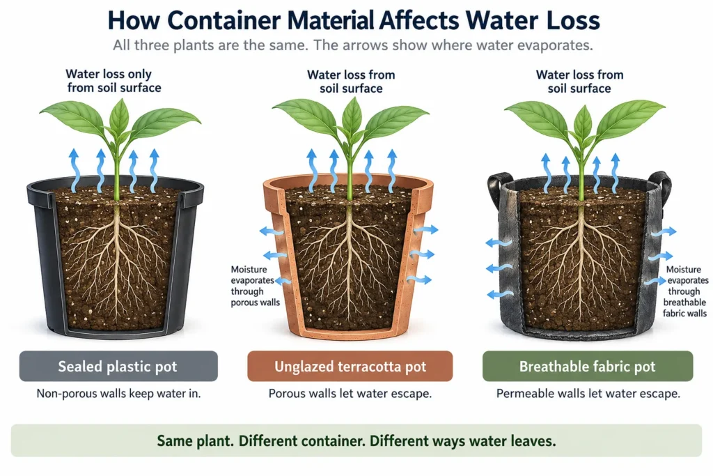 Diagram of evaporative cooling through a porous terracotta or fabric pot wall